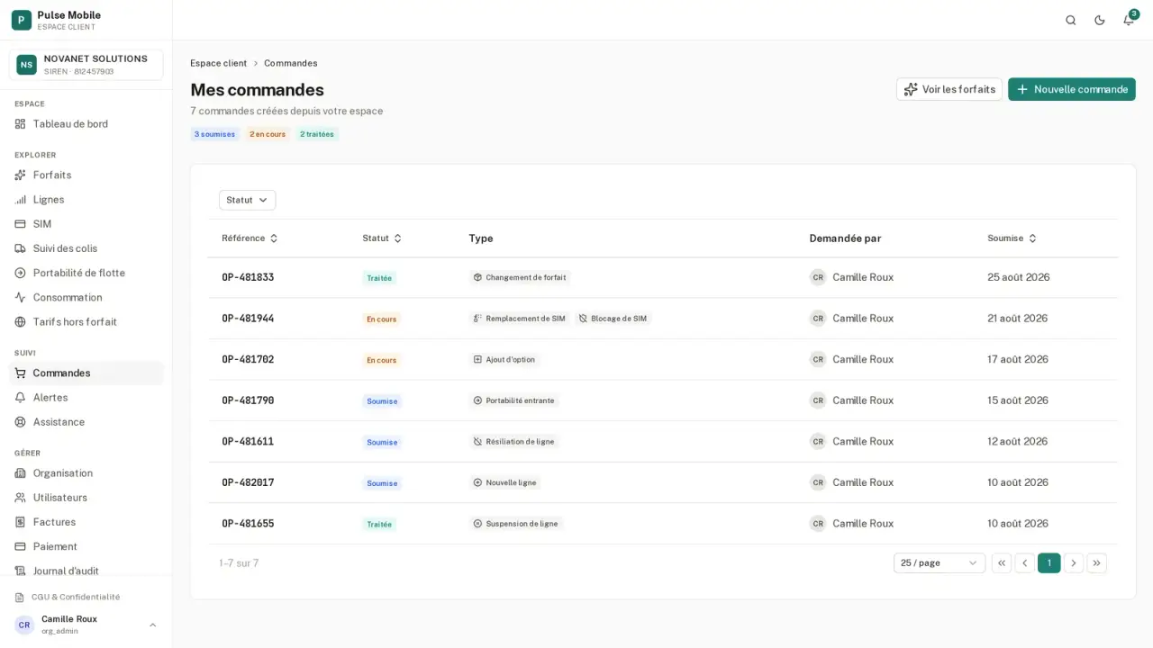 Liste des demandes déposées par le client, avec leur statut.