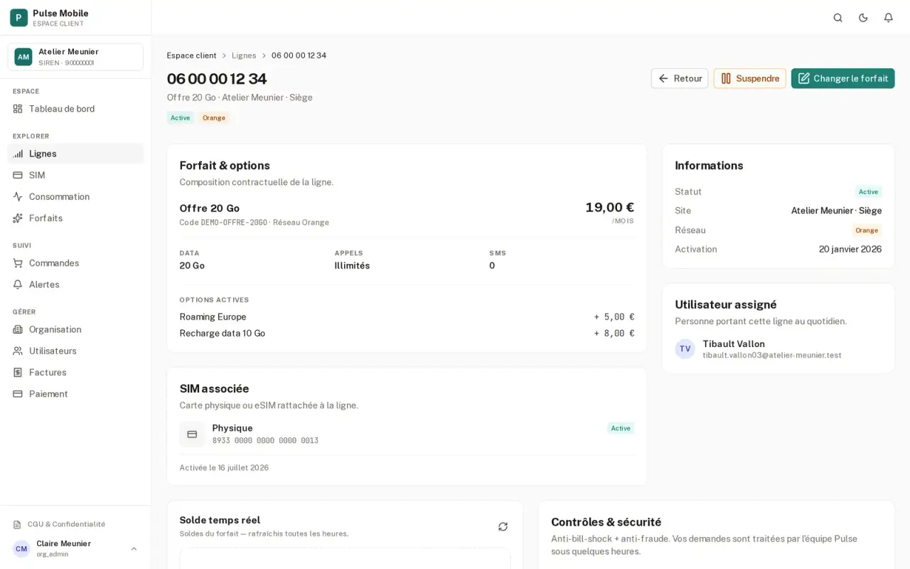 Fiche d'une ligne avec son forfait, sa SIM, ses options et son utilisateur.