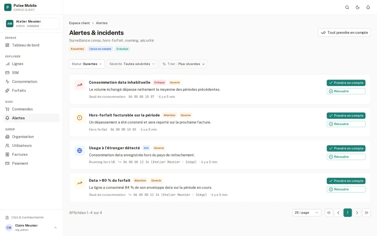 Liste des alertes de consommation par ligne.
