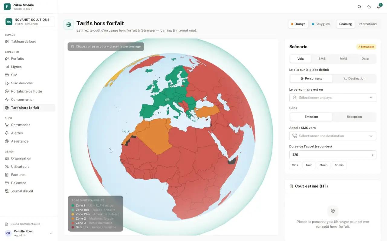 Carte interactive des zones tarifaires pour estimer le coût hors forfait à l'étranger.