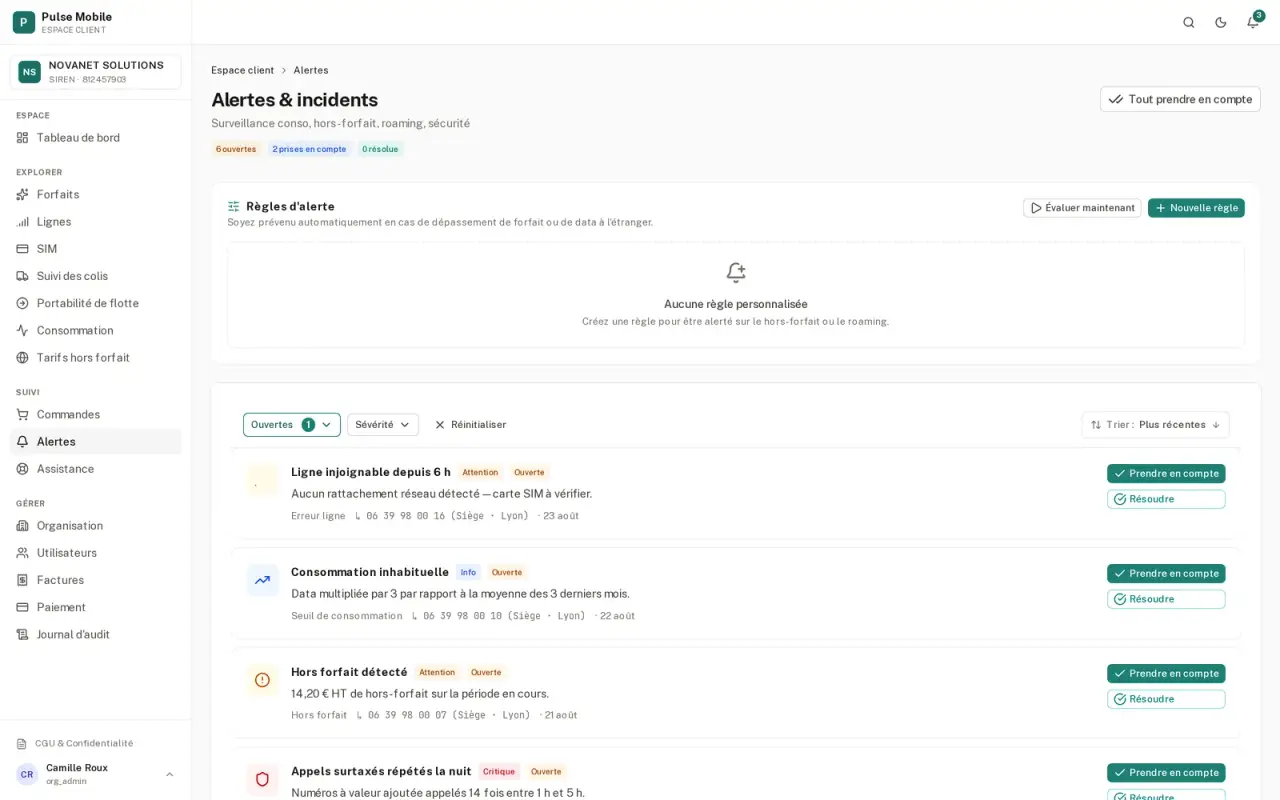 Liste des alertes ouvertes, rattachées chacune à une ligne.