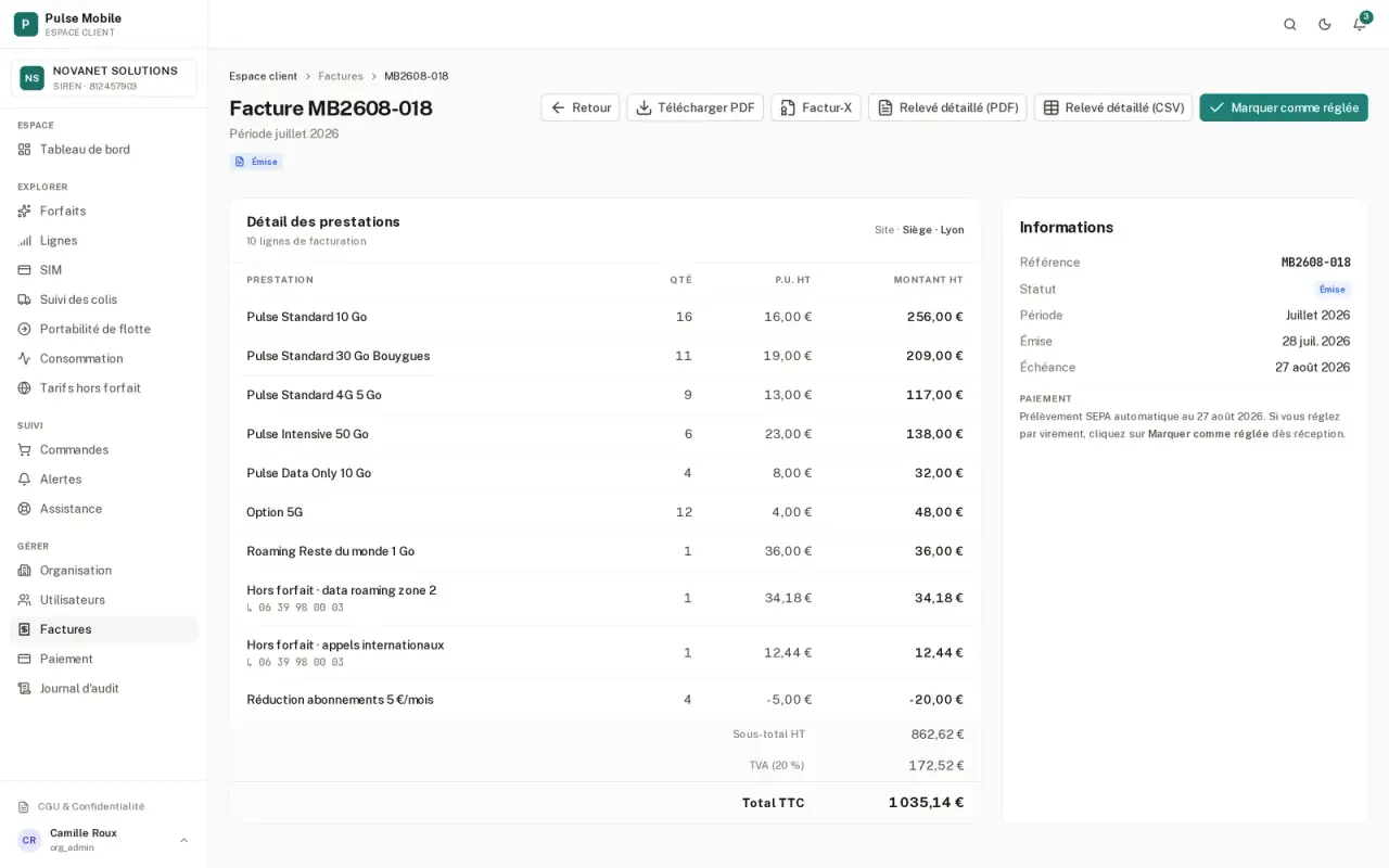 Détail d'une facture mensuelle avec chaque prestation, sa quantité, son prix unitaire et les totaux.